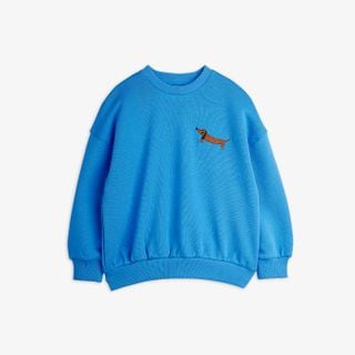 Blue sweatshirt featuring a dog embroidery on the chest and ribbed trims.