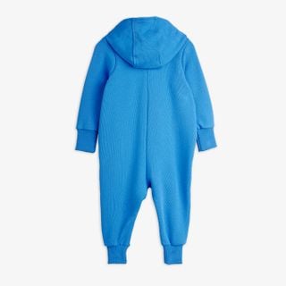 Blue baby onesie with a hood, long sleeves, and cuffed hems, shown from the back.