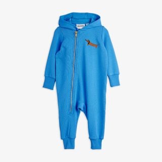 Blue baby onesie featuring a hood, an asymmetrical zipper, and an embroidered dog on the chest.