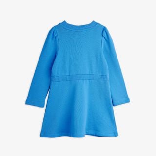 Blue sweatdress featuring long sleeves, puffed shoulders, a ribbed neckline, and a rib-detailed waist.