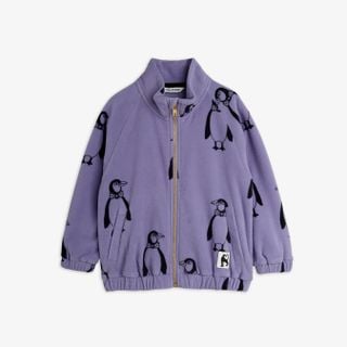 Purple fleece jacket featuring an all-over Penguin print, high collar, front zip closure, and front pockets.