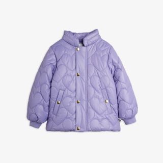 Purple heart-quilted puffer jacket with a high collar, gold-tone snap buttons, and front pockets.