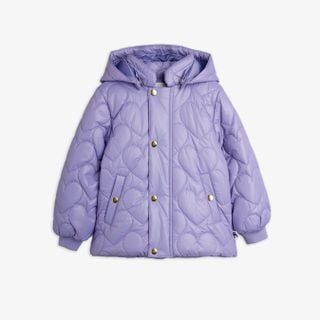 Purple heart-quilted hooded puffer jacket with gold-toned snap buttons and front pockets.