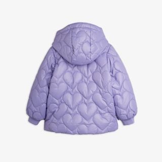 Purple heart-quilted hooded puffer jacket with ribbed cuffs, shown from the back.