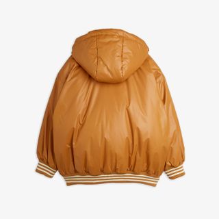 Beige hooded puffer jacket with white-striped ribbed cuffs and hem, shown from the back.