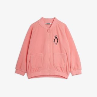 Pink zip-up jacket featuring a penguin embroidery on the chest and two front pockets.