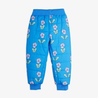 Blue padded outerwear trousers featuring a Violas print, ribbed cuffs, and an elastic waist, shown from the back.