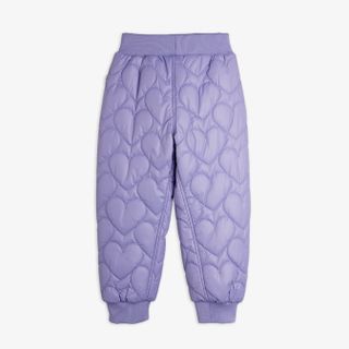 Purple quilted heart pattern outerwear trousers with an elasticated waist and cuffs, shown from the back.