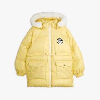 Yellow heavy puffer jacket featuring a Ritzratz patch, white zipper, front pockets, and a white-lined hood.