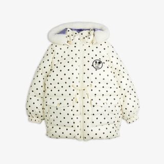 Off-white polka dot heavy puffer jacket featuring a Ritzratz patch and a white faux fur-trimmed hood.