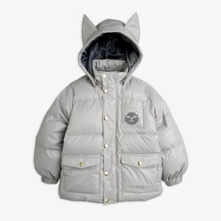 Grey heavy puffer jacket featuring cat ears on the hood, gold-colored snap buttons, front pockets, and a cat patch.