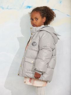 Grey heavy puffer jacket featuring a hood with cat ears, a cat patch on the chest, and front pockets.