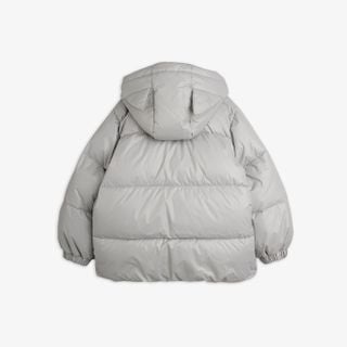 Grey heavy puffer jacket featuring a hood with cat ears, shown from the back.