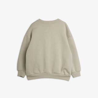 Light grey sweatshirt shown from the back with ribbed cuffs and hem.