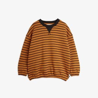 Striped brown sweatshirt featuring a dark contrast neckline, dropped shoulders, and ribbed cuffs.