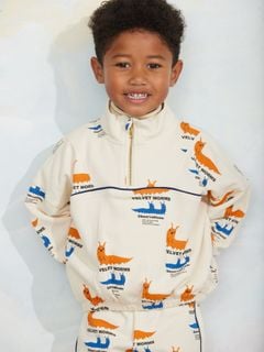 Off-white half-zip sweatshirt featuring an orange and blue Velvet worms print and a stand collar.