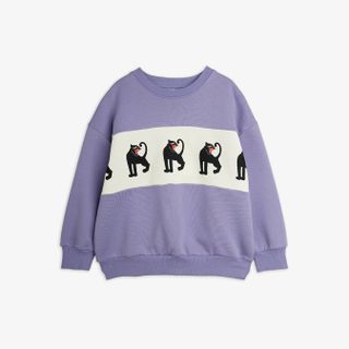 Purple sweatshirt featuring a white chest panel with black Panther prints and dropped shoulders.