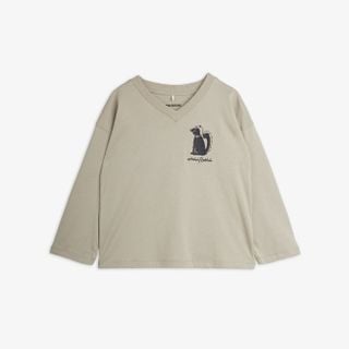 Grey long-sleeved top with a V-neck, dropped shoulders, and Skunk embroidery on the chest.