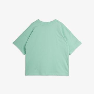 Green t-shirt featuring dropped shoulders and a ribbed neckline, back view.