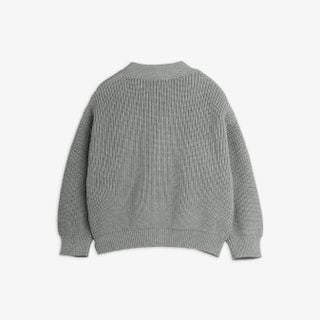 Grey knitted cardigan with ribbed trims, shown from the back.