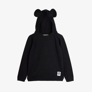 Black fine knit jumper featuring a mouse-eared hood, raglan sleeves, and a panda label.