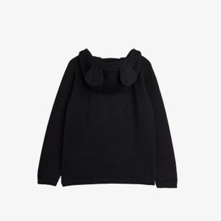 Black fine knit jumper with a mouse-eared hood and ribbed trims, seen from the back.