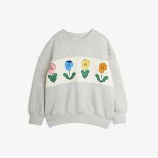 Grey melange sweatshirt featuring a white chest panel with four colorful Viola flower prints.