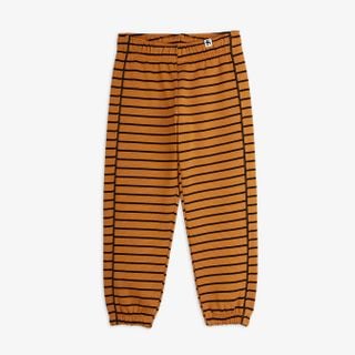 Brown striped sweatpants with an elasticated waist, cuffs, and dark piping along the sides.