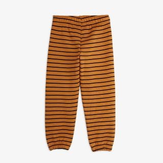 Brown striped sweatpants with an elasticated waist and cuffs, shown from the back.