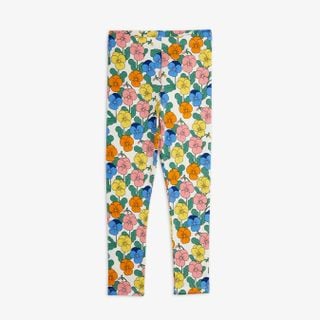 Leggings featuring a colorful all-over Viola print with blue, yellow, pink, and orange flowers.