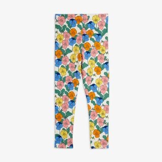 Leggings featuring an all-over Viola flower pattern in blue, pink, orange, and yellow on an off-white background.