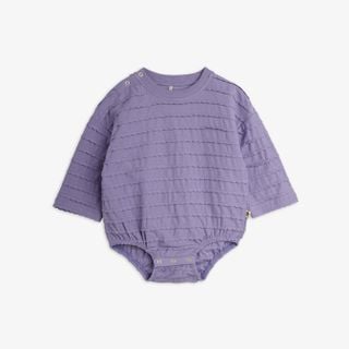 Purple textured frill long sleeve bodysuit with snap buttons at the shoulder and crotch.
