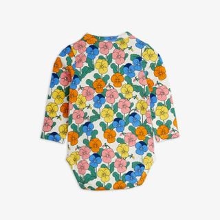 Multi-colored long-sleeved bodysuit with an all-over Viola flower print, viewed from the back.