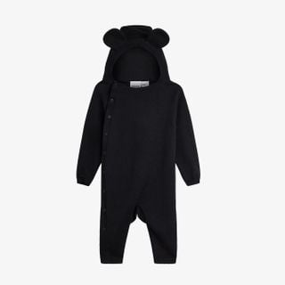 Black fine knit baby jumpsuit with a hood featuring mouse ears and an asymmetrical snap button closure.