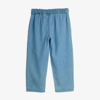 Blue lightweight trousers featuring a gathered elastic waistband, shown from the back.