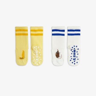 Yellow and white socks featuring Velvet worm motifs, striped ribbed cuffs, and anti-slip soles.