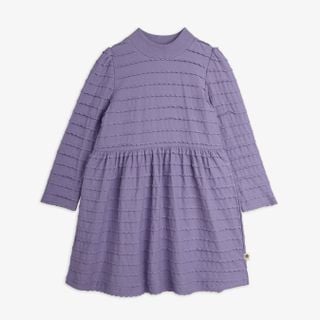 Purple long-sleeved dress featuring rows of horizontal textured frills and a gathered waist.