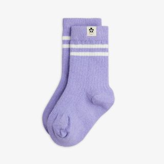 Purple ribbed socks featuring white stripes and a panda label.