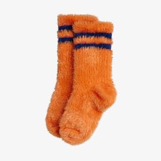 Bright orange fluffy socks with dark blue stripes, crafted from a soft recycled polyester blend.