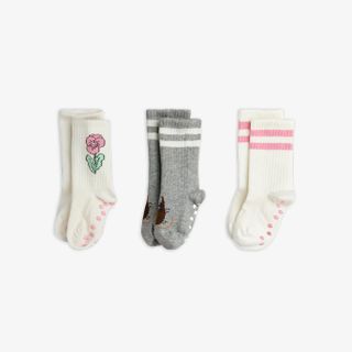 Three pairs of white and grey anti-slip socks with Elephant shrew, flower, and pink stripes.
