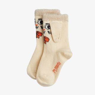 Off-white organic cotton socks featuring a rabbit motif with 3D ear details, orange bow accents, and soft fuzzy cuffs.