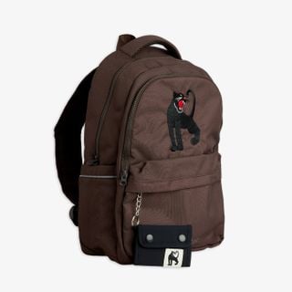 Brown school backpack featuring an embroidered panther motif and a detachable black mini bag.