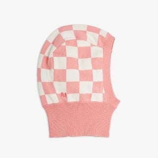 Pink and white chess check knitted balaclava featuring a ribbed face opening and M.R embroidery.