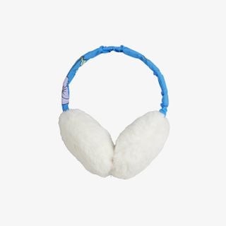 Off-white faux fur ear muffs featuring a blue Flowerface print on the headband.