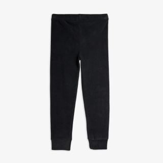 Black microfleece trousers featuring an elastic waistband and ribbed cuffs at the leg openings.