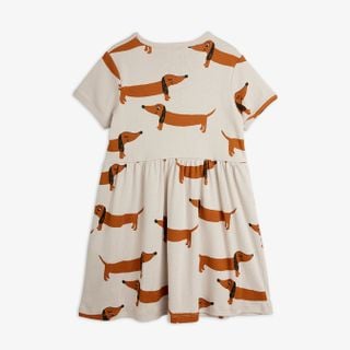 Grey short-sleeved dress featuring a brown dachshund dog print and a gathered skirt.