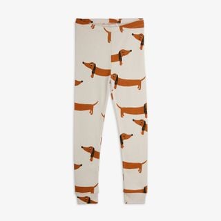 Grey leggings featuring a brown Dog print with dachshund illustrations.