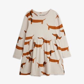 Grey long-sleeved dress featuring a dachshund print and a gathered waist.