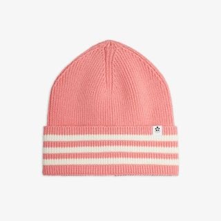 Pink knitted beanie with a white striped folded brim and a panda label.