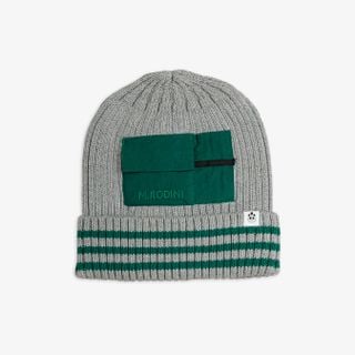Grey rib-knit hat featuring a green pocket, panda label, and striped fold-up edge.